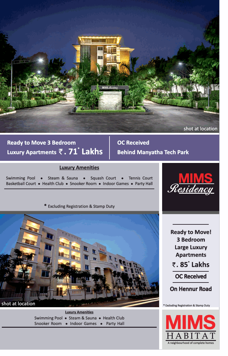 Book ready to Move 3 Bedroom Luxury Apartments  at Rs 71 Lacs in MIMS Residency, Bangalore Update